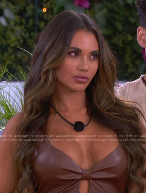 Courtney's brown leather halter dress on Love Island USA