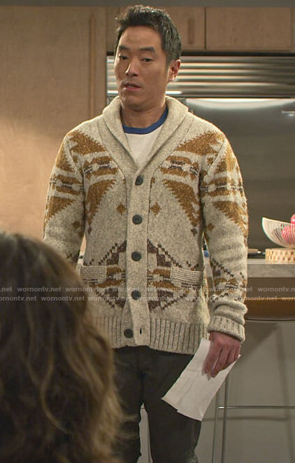 Dave's printed cardigan on Maggie