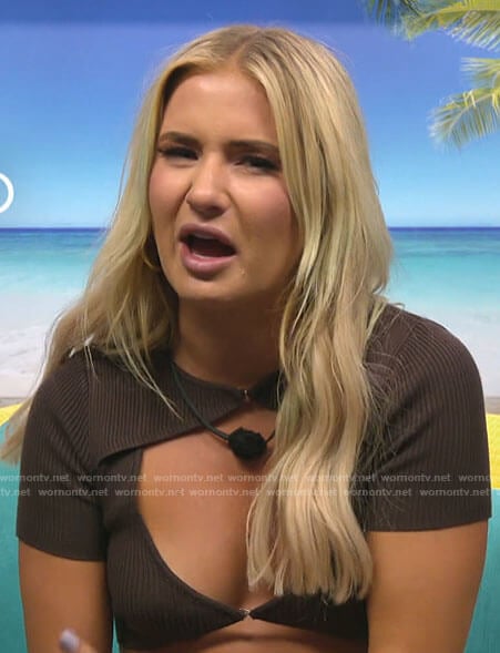Deb's brown cutout crop top on Love Island USA