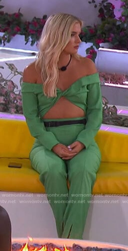 Deb's green off-shoulder cutout jumpsuit on Love Island USA