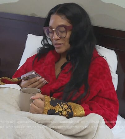 Drew's red robe with baroque trim on The Real Housewives of Atlanta