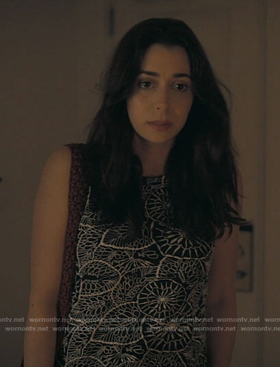 Emma's black and white embroidered dress on The Resort