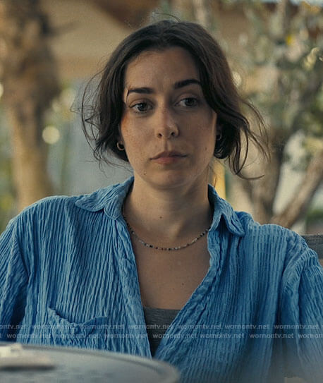 Emma's blue textured button down on The Resort