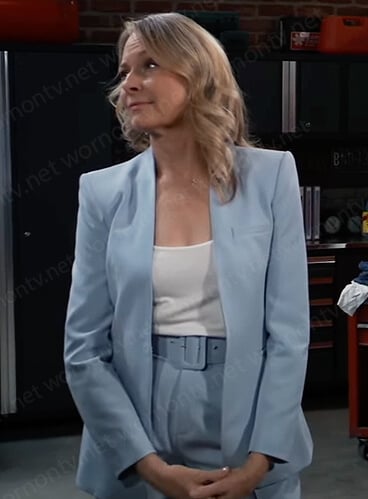 Gladys' blue lapelless blazer and belted pants on General Hospital
