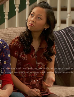 Ivy's burgundy heart print top on Ravens Home