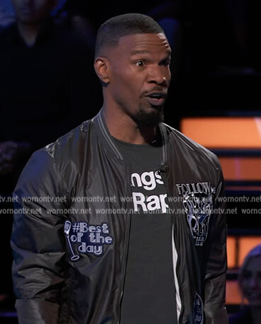 Jamie's black patch bomber jacket on Beat Shazam