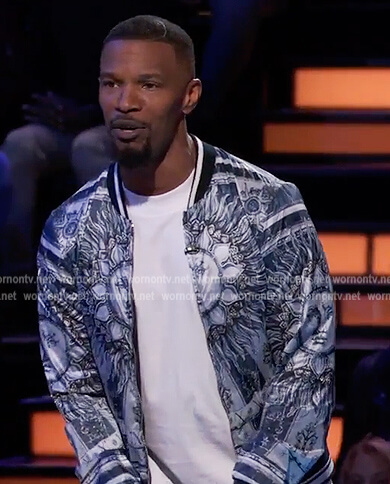 Jamie's blue printed bomber jacket on Beat Shazam