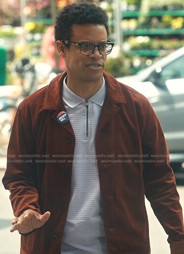 Jayden's lilac polo shirt and monogram sneakers on Everythings Trash
