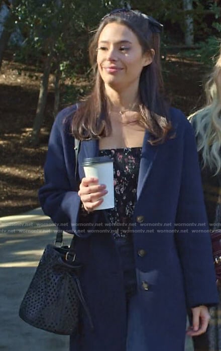 Jessie's black floral top and bucket bag on Maggie
