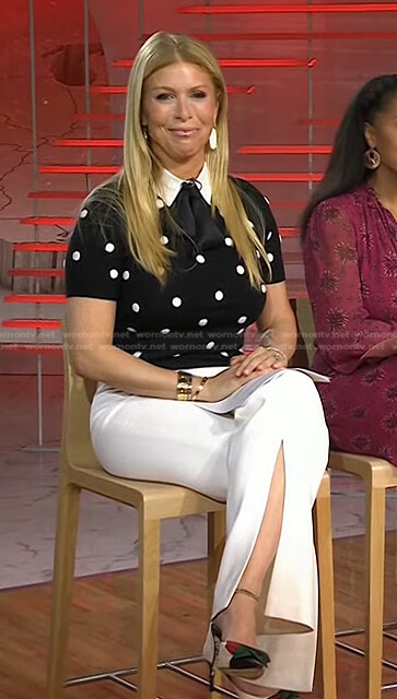 Jill's black polka dot top and white slit pants on Today