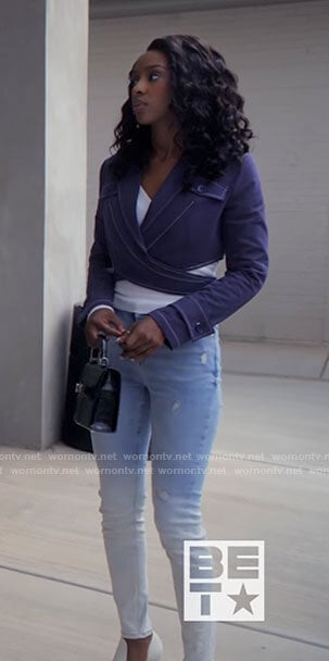 Karen's blue cropped wrap jacket on Tyler Perrys Sistas