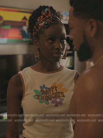 Kiesha's white Happy Thoughts print tank on The Chi