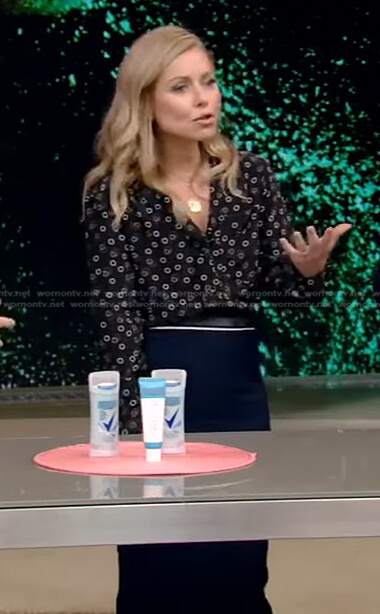 Kelly's black spotted blouse and pencil skirt on Live with Kelly and Ryan