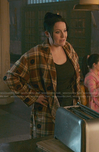 Kelly’s brown plaid mushroom robe on Good Trouble