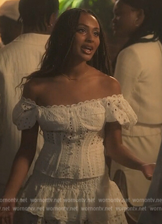 Kiela's white crochet mini dress on Grown-ish