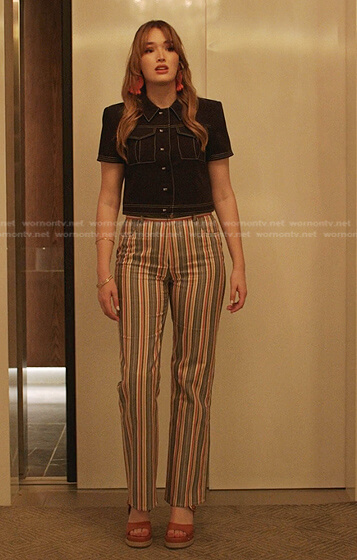 Kirby's navy short sleeve jacket and striped pants on Dynasty