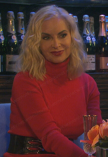 Kristen’s red ribbed turtleneck dress on Days of our Lives: Beyond Salem
