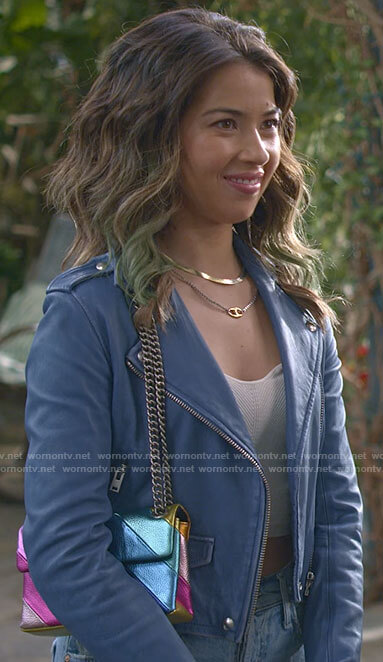 Louise's blue leather jacket and ripped jeans on Maggie