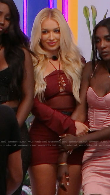 Mady's burgundy halter neck dress on Love Island USA