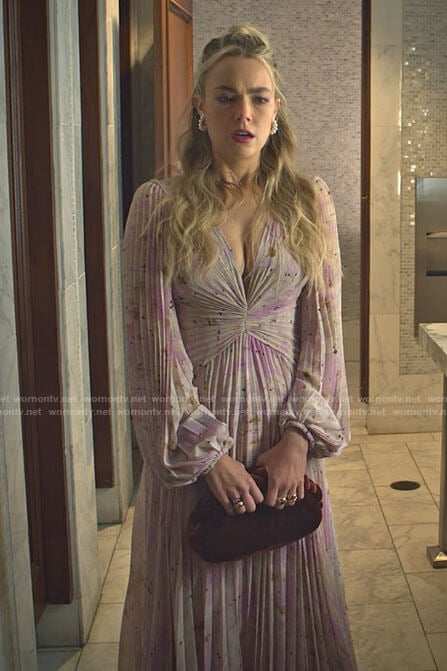 Maggie's pink floral pleated dress on Maggie