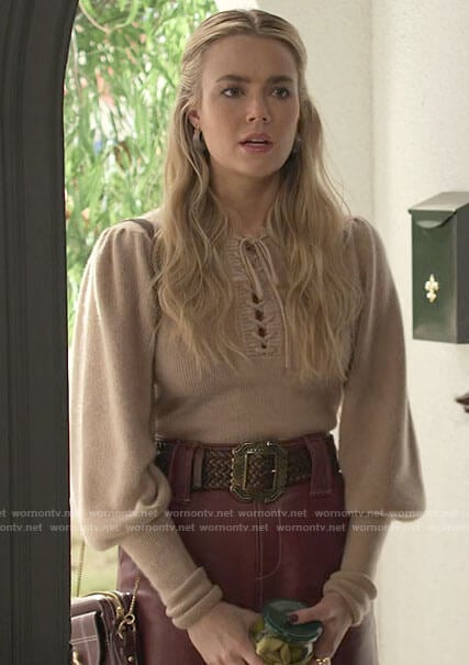 Maggie's beige lace-up sweater on Maggie