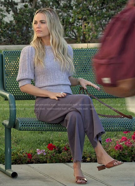 Maggie's lilac sweater and brown sandals on Maggie