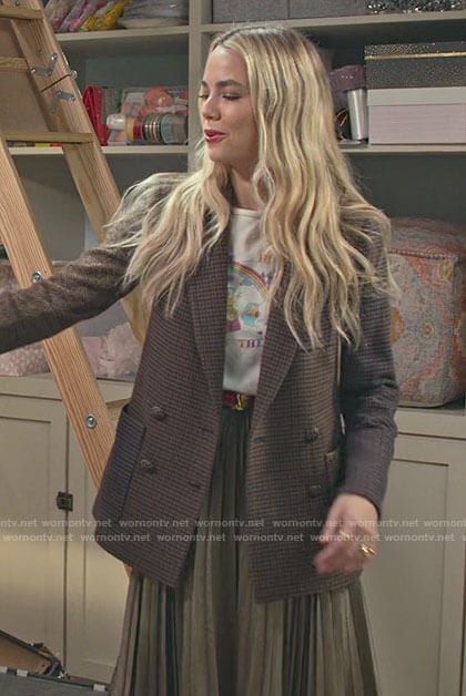 Maggie's rainbow graphic tee and mixed plaid blazer on Maggie