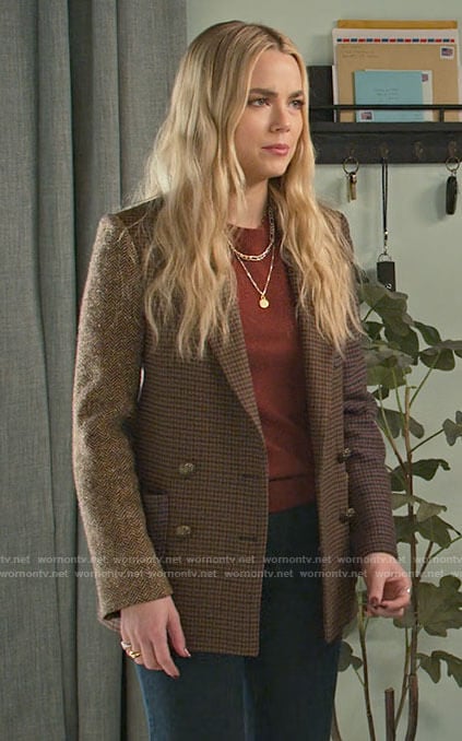 Maggie's brown patchwork blazer on Maggie