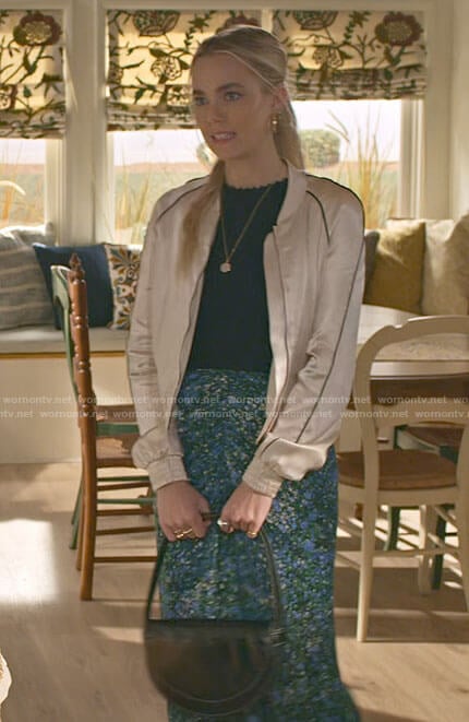 Maggie's silky white bomber jacket on Maggie