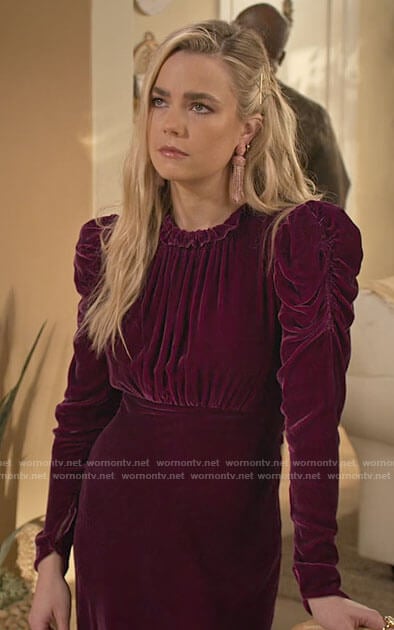 Maggie's purple velvet gown at the wedding on Maggie