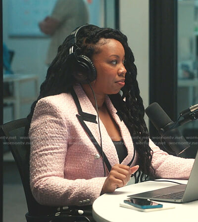 Malika's pink contrast trim tweed blazer on Everythings Trash