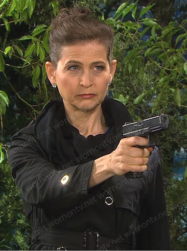 Megan’s black trench coat on Days of our Lives: Beyond Salem