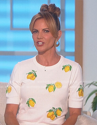 Natalie's white lemon embroidered short sleeve sweater on The Talk