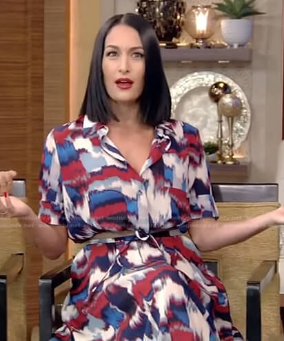 Nikki Bella's abstract ikat print top and skirt on Live with Kelly and Ryan