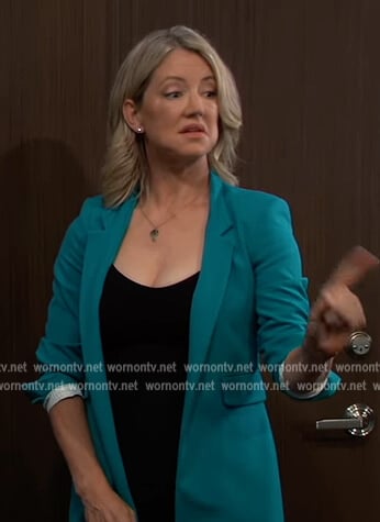 Nina's teal long blazer on General Hospital