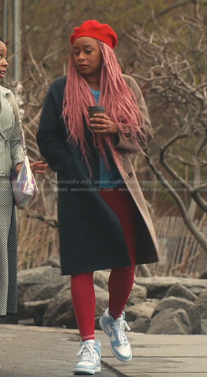 Phoebe's grey and brown colorblock coat on Everythings Trash