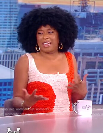 Phoebe Robinson's orange textured colorblock dress on The View