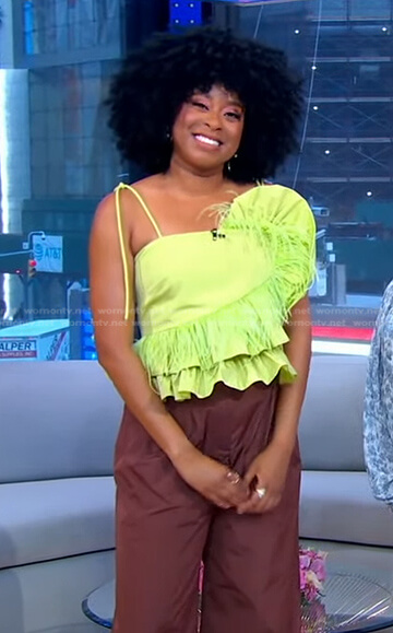 Phoebe Robinson's yellow ruffled feather trim top and brown pants on Good Morning America