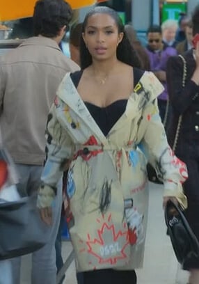 Zoey's graffiti print trench coat on Grown-ish