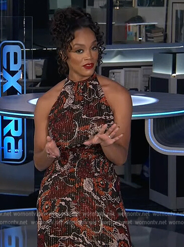 Rachel's floral metallic asymmetric dress on Extra