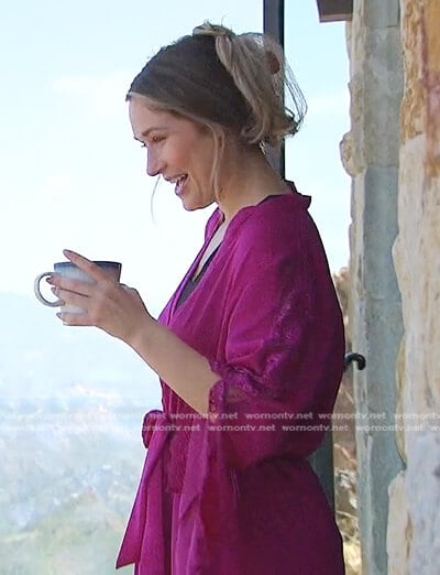 Rachel's pink lace inset mini robe on The Bachelorette