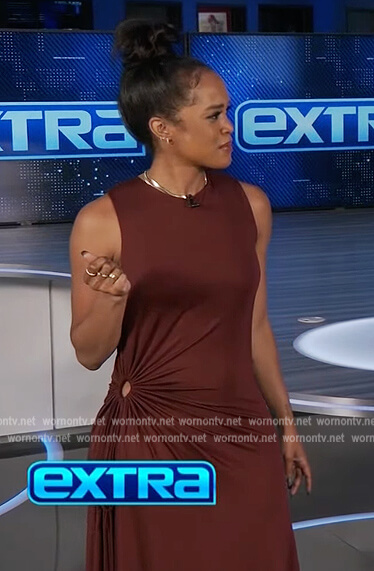 Rachel's brown circle cutout ruched dress on Extra