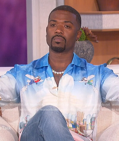 Ray J's blue printed shirt on The Talk