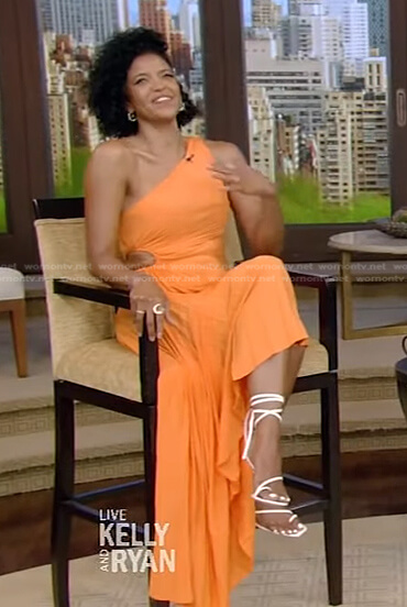 Renee Elise Goldsberry's orange one-shoulder dress on Live with Kelly and Ryan