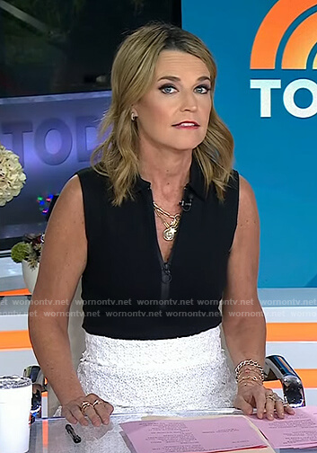 Savannah's black half-zip top and white textured skirt on Today