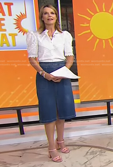 Savannah's white embroidered top and denim skirt on Today