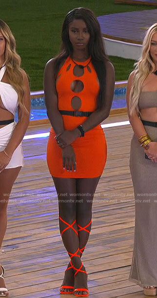 Sereniti's orange dress with cutouts on Love Island USA