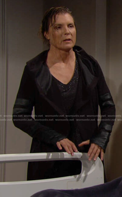 Sheila's black jacket with leather striped sleeves on The Bold and the Beautiful
