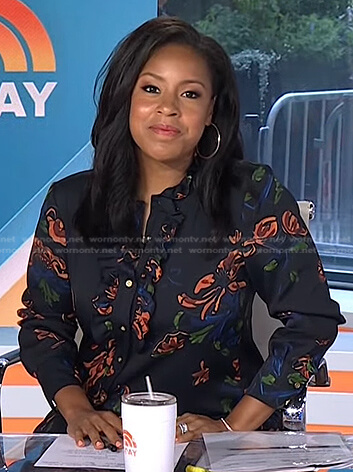 Sheinelle's black floral frilled shirtdress on Today
