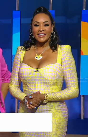 Vivica A. Fox's yellow crocodile print dress on Good Morning America